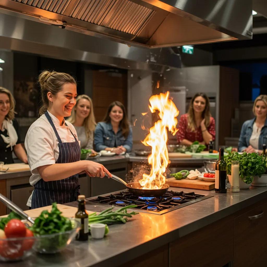 A skilled chef captivates an audience with a live cooking demonstration in a state-of-the-art kitchen