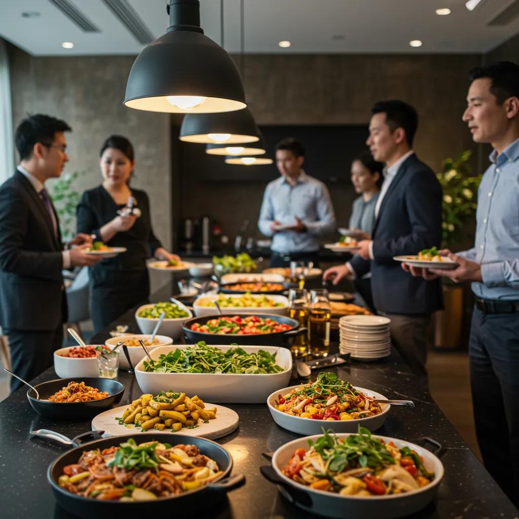 An elegant buffet spread at a corporate wellness retreat, showcasing gourmet healthy dishes enjoyed by professionals