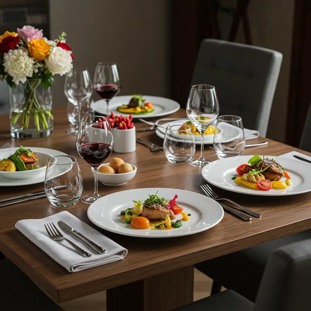 An elegantly set dining table featuring artfully presented gourmet meals