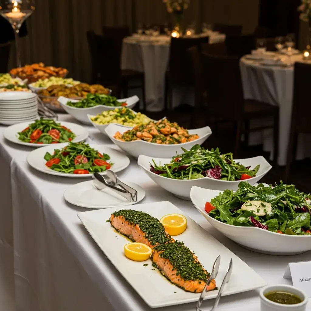 Elegant plated buffet setup featuring herb-crusted salmon and seasonal salads in a sophisticated event space