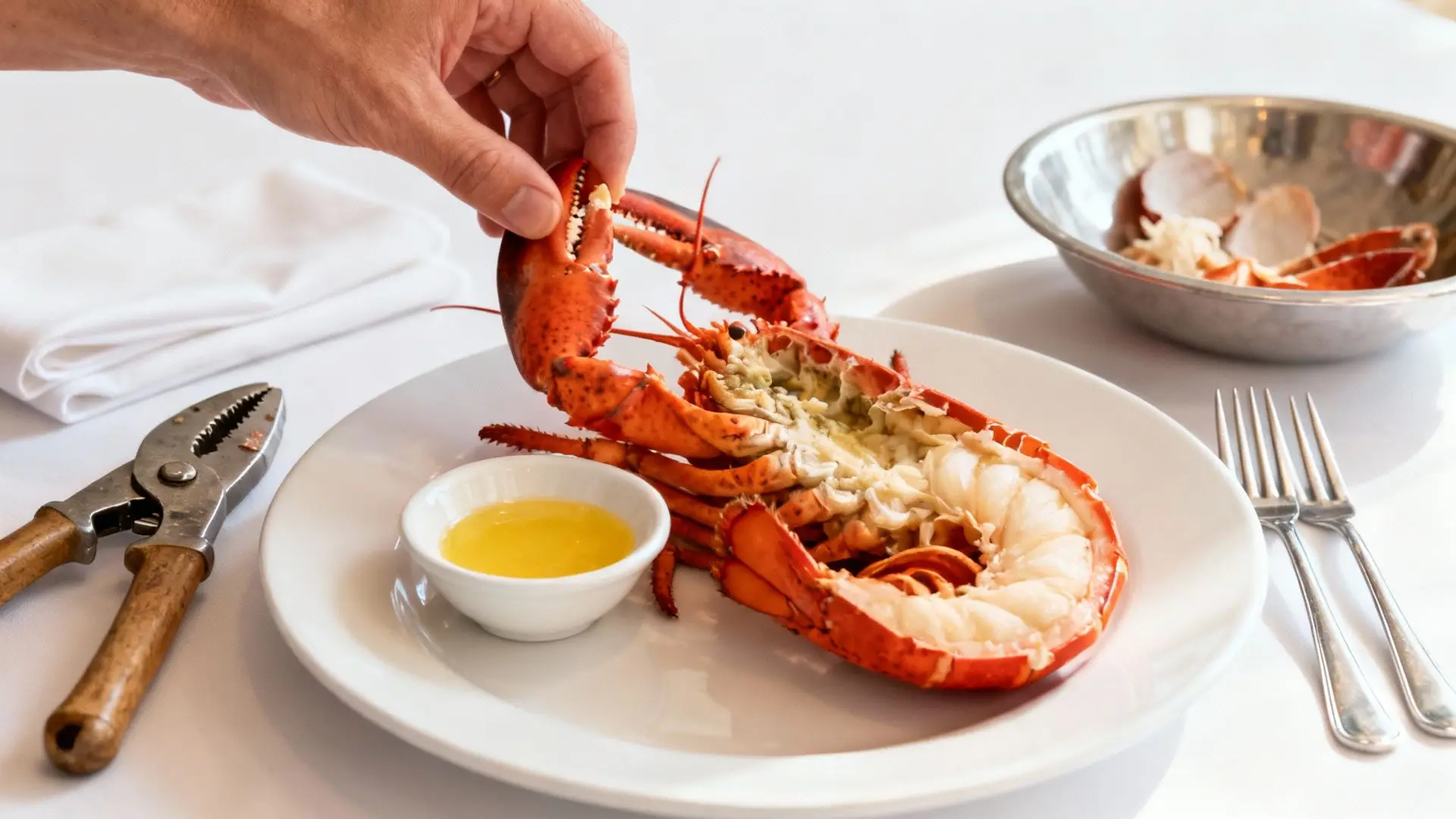 1/2 lobster on white plate with drawn butter